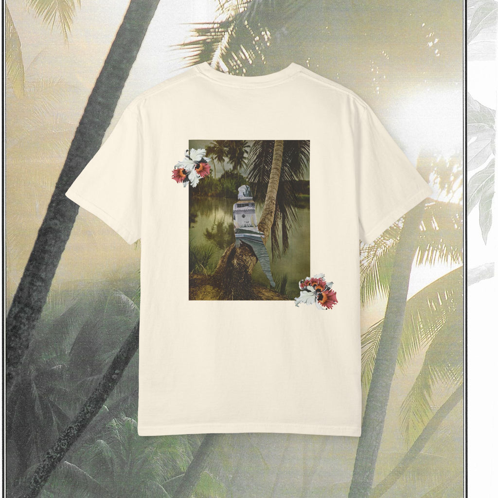 Tropical Vintage Palm Print Tee with Floral Accents