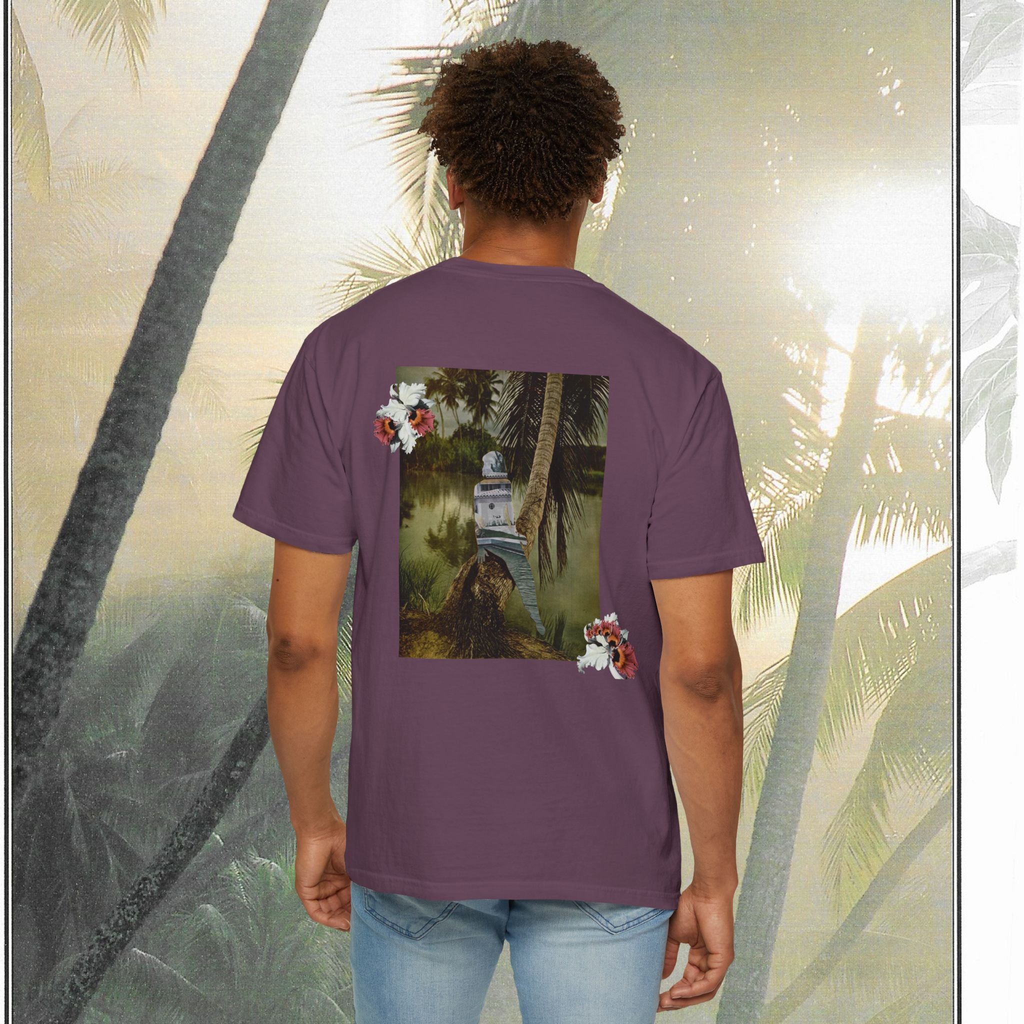 Tropical Vintage Palm Print Tee with Floral Accents