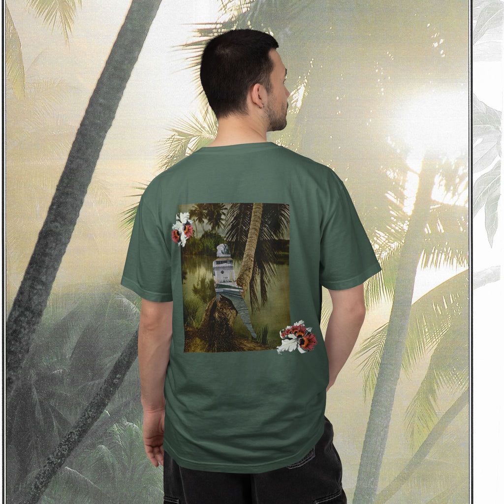 Tropical Vintage Palm Print Tee with Floral Accents