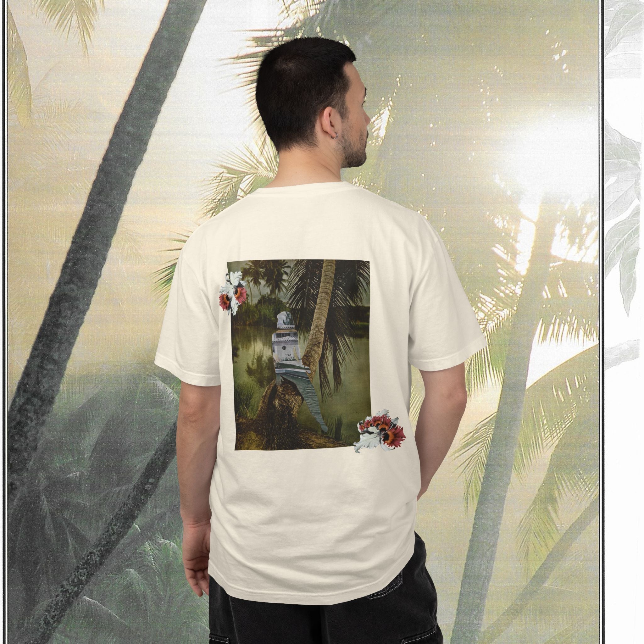 Tropical Vintage Palm Print Tee with Floral Accents