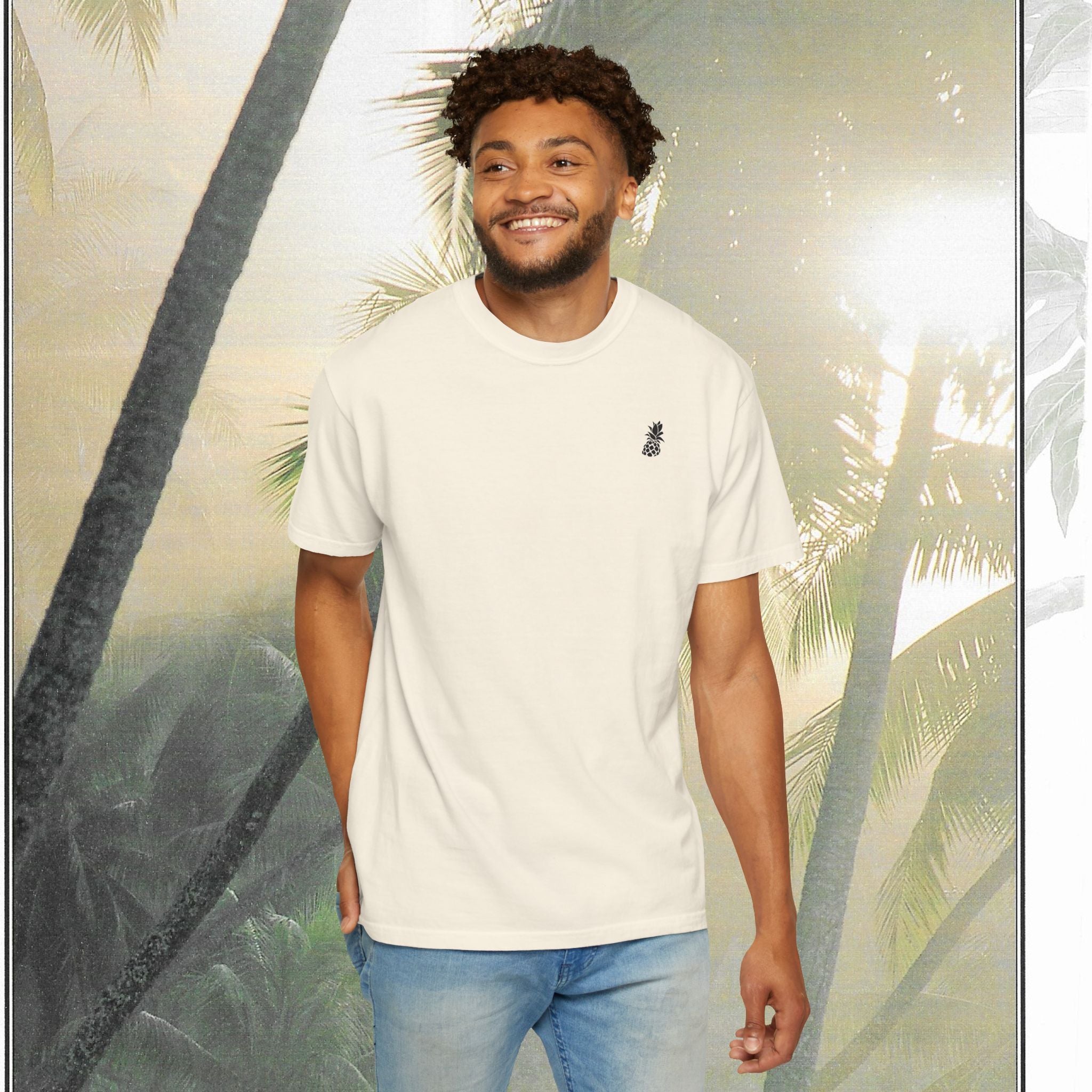 Tropical Vintage Palm Print Tee with Floral Accents