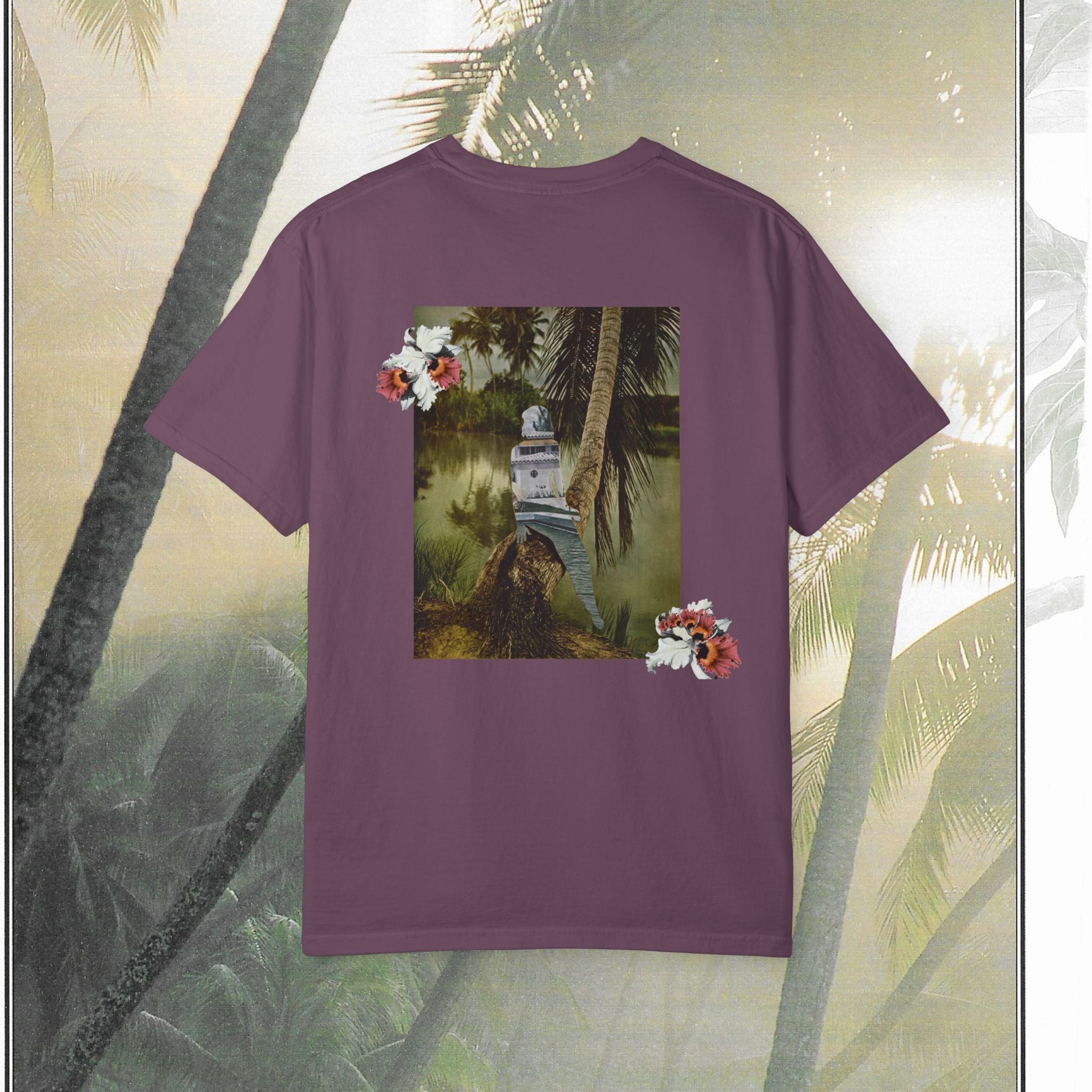 Tropical Vintage Palm Print Tee with Floral Accents