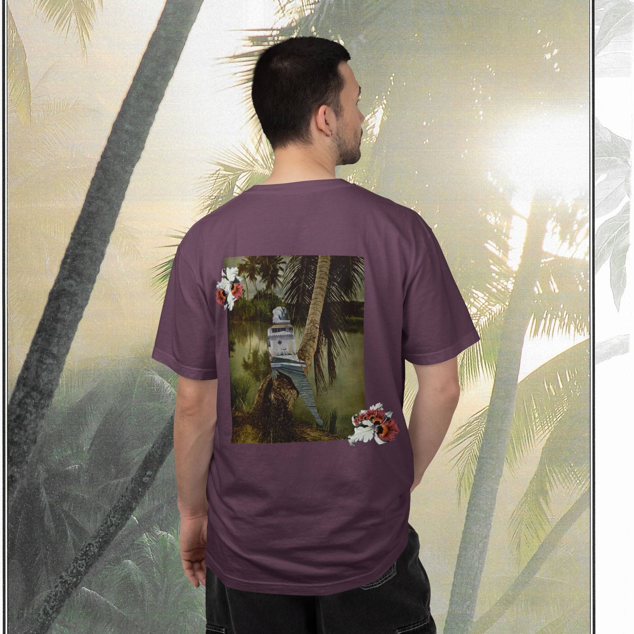 Tropical Vintage Palm Print Tee with Floral Accents