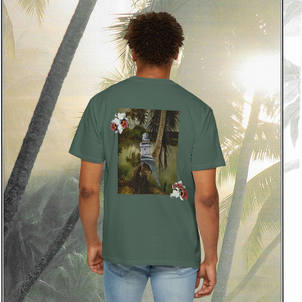 Tropical Vintage Palm Print Tee with Floral Accents