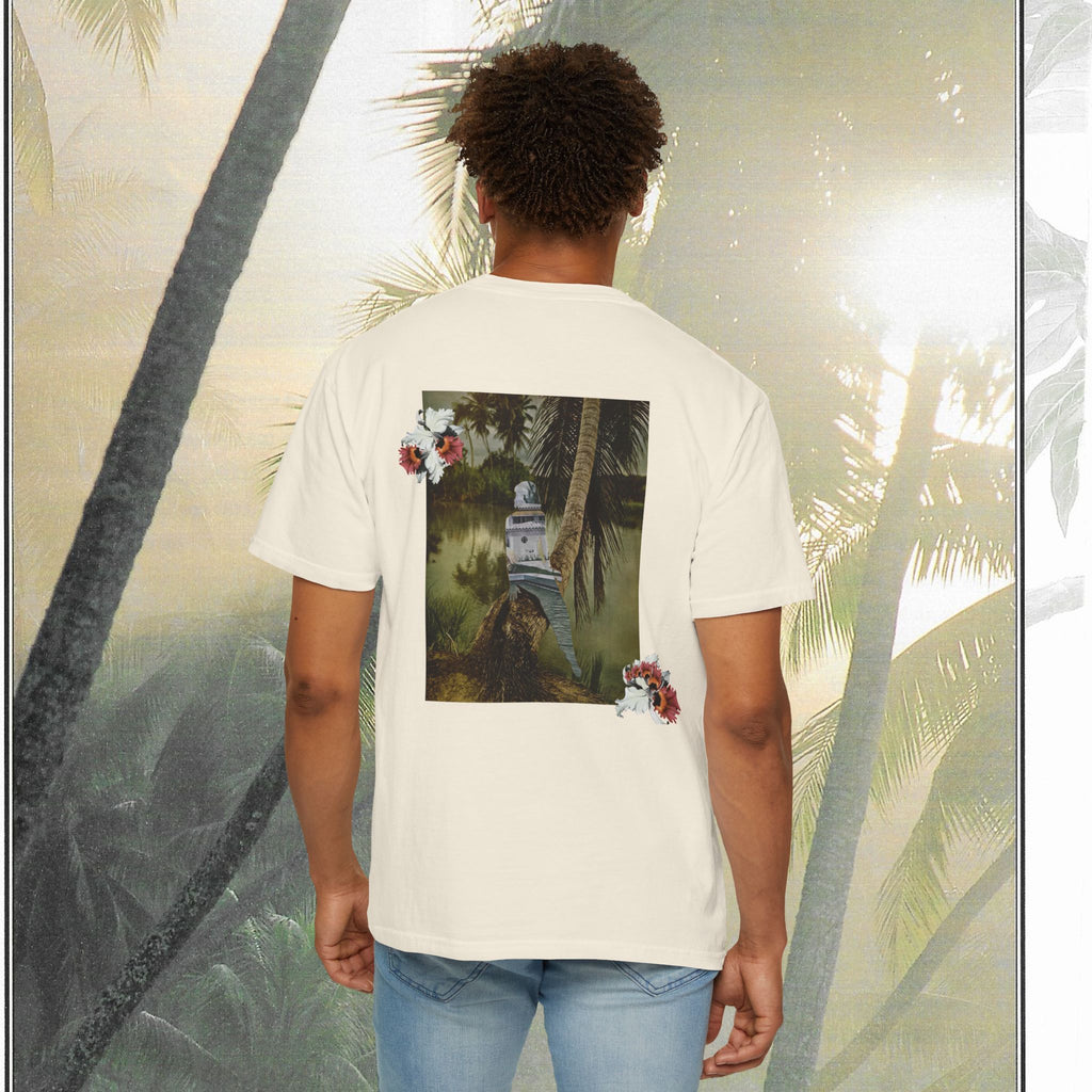 Tropical Vintage Palm Print Tee with Floral Accents